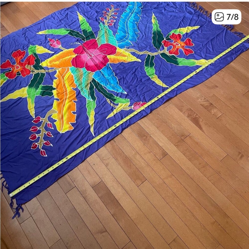 Vintage Bright Color Tropical Flowers Purple Sarong Scarf w/ Tassels - Picture 7 of 8